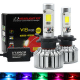 V18RGB smartphone-control RGB LED headlight kit with packaging on a white background