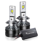 Two car H7 headlight bulbs with a control unit on a white background, featuring the SYNETIC USA brand.