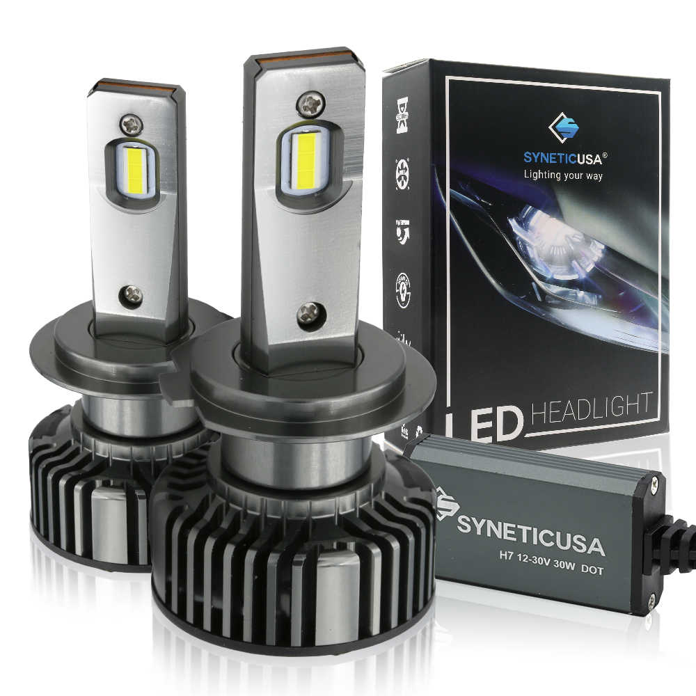 H7 LED headlight bulbs with packaging on a white background