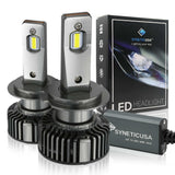 H7 LED headlight bulbs with packaging on a white background