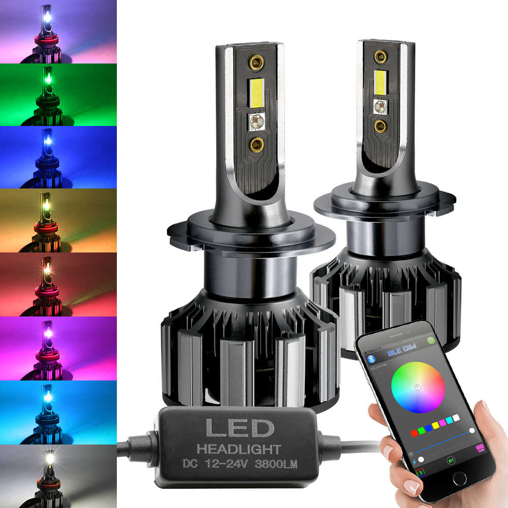 h7 rgb LED headlight bulbs with smartphone control for color selection, on a white background.