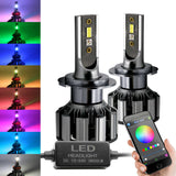 h7 rgb LED headlight bulbs with smartphone control for color selection, on a white background.