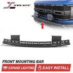 A black metal front mounting bar for vehicle auxiliary lights, shown on a white background with a blue truck front grille at the top and text reading 'FRONT MOUNTING BAR', 'EXPAND LIGHTING', and 'EASY INSTALL'. The JCWIN AUTO logo appears in the top left.