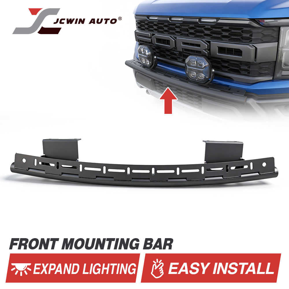 A black metal front mounting bar for vehicle auxiliary lights, shown on a white background with a blue truck front grille at the top and text reading 'FRONT MOUNTING BAR', 'EXPAND LIGHTING', and 'EASY INSTALL'. The JCWIN AUTO logo appears in the top left.