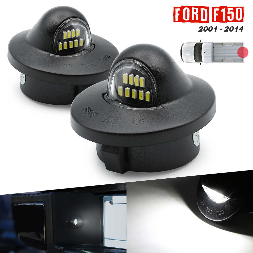 Two black Ford F-150 2001-2014 LED under-door light bulbs shown on a white background, with a small inset diagram and a bottom strip showing installed views.