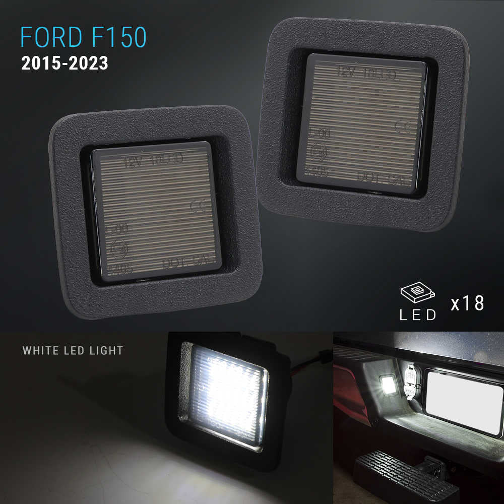 Two square Ford F150 2015-2023 vehicle LED light modules shown on a dark background, with one module in foam packaging and another illuminated showing bright white light. Text includes 'FORD F150 2015-2023', 'WHITE LED LIGHT', and 'LED x18'.
