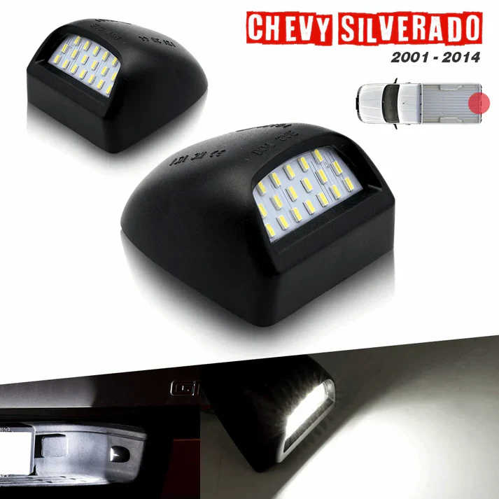 Two black Chevy Silverado 2001-2014 license plate LED assembly under-door entryway lights shown on a white background, with a small vehicle diagram and a bottom panel demonstrating the lights in use.