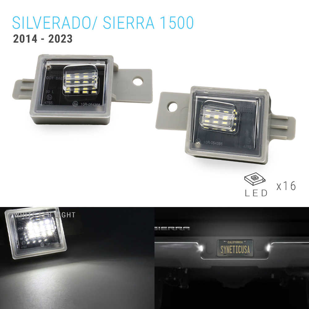 Two silver LED license plate light units for a 2014-2023 Silverado/Sierra 1500, shown on a white background with one illuminated view in the bottom left and an installed view in the bottom right.