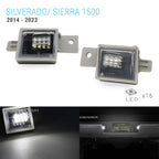 Two silver LED license plate light units for a 2014-2023 Silverado/Sierra 1500, shown on a white background with one illuminated view in the bottom left and an installed view in the bottom right.