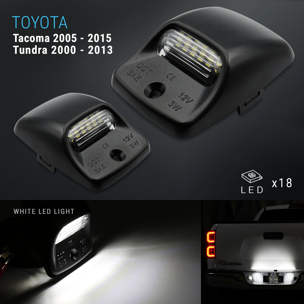 Two black Toyota truck bed LED light pods for Tacoma 2005-2015 and Tundra 2000-2013, shown on a dark background with text indicating white LED light output and compatibility.