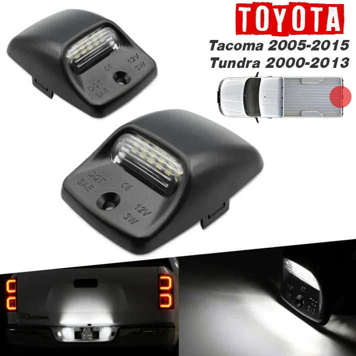 Two black Toyota Tacoma and Tundra truck bed light modules shown on a white background, with text indicating model years 2005-2015 and 2000-2013, plus inset photos demonstrating the lights in use.