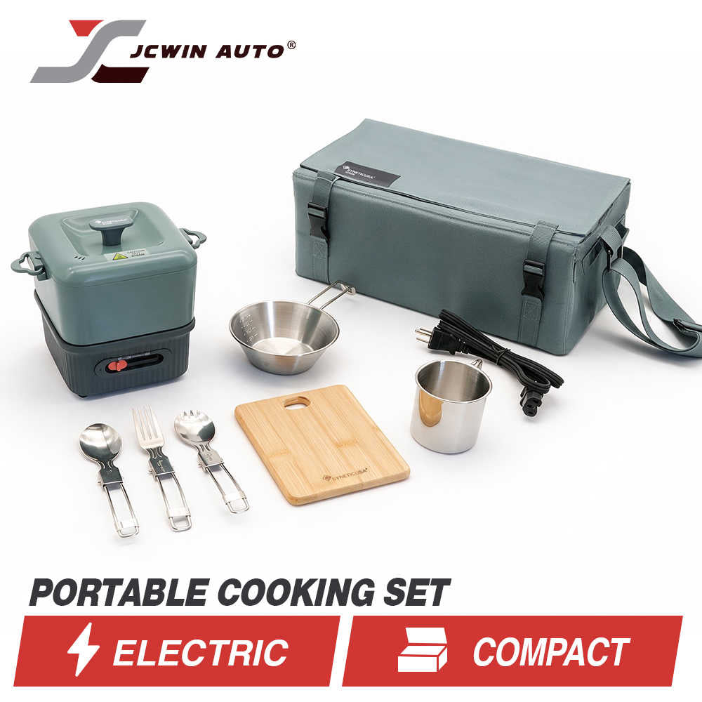JCWIN AUTO portable electric cooking set with a compact insulated bag, small electric burner, stainless steel pot, cup, utensils, cutting board, and power cord on a white background.