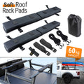 Soft roof rack pads set shown on a white background with a bottom-left inset demonstrating installation on a truck bed and a bottom-right inset showing the pads in use on a pickup truck carrying a kayak. The set includes two long black padded rack pads, straps, ropes, buckles, and a black drawstring storage bag.