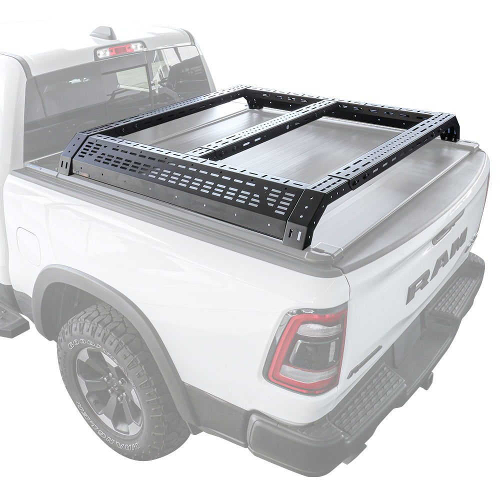 White Ram truck with a black roof rack on a white background