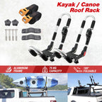 Kayak and canoe roof rack set shown on a light textured background with product components, two assembled rack views, and two small lifestyle photos at the bottom showing the rack installed on a truck bed with a kayak on top. Text reads 'Kayak / Canoe Roof Rack' and highlights aluminum frame, 75 kg capacity, and 180° foldable design.