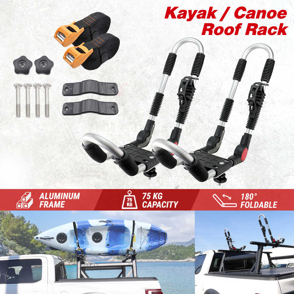 Kayak and canoe roof rack set shown on a light textured background with product components, two assembled rack views, and two small lifestyle photos at the bottom showing the rack installed on a truck bed with a kayak on top. Text reads 'Kayak / Canoe Roof Rack' and highlights aluminum frame, 75 kg capacity, and 180° foldable design.