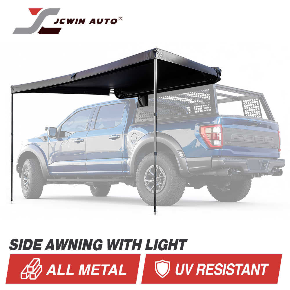 JCwin Auto side awning with light mounted over a blue pickup truck, shown on a white background with product feature text and badges.