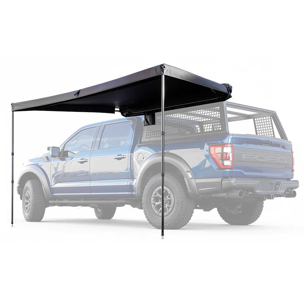 Black truck bed cover on a blue pickup truck with a white background