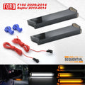 Ford F150 2009-2014 Raptor 2010-2014 sequential side marker light kit with two black rectangular light housings, red wiring harnesses, and blue connector clips on a white background, with a Ford logo and Sequential branding.