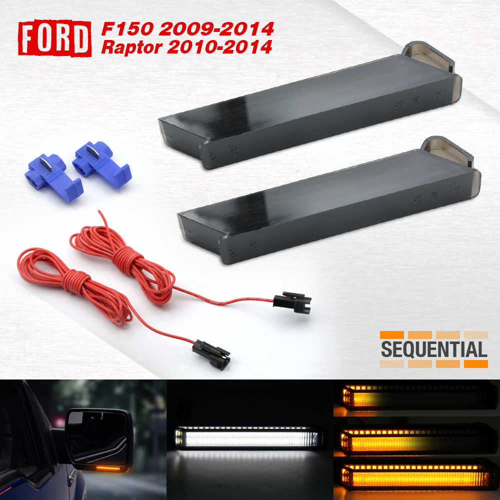 Ford F150 2009-2014 Raptor 2010-2014 sequential side marker light kit with two black rectangular light housings, red wiring harnesses, and blue connector clips on a white background, with a Ford logo and Sequential branding.