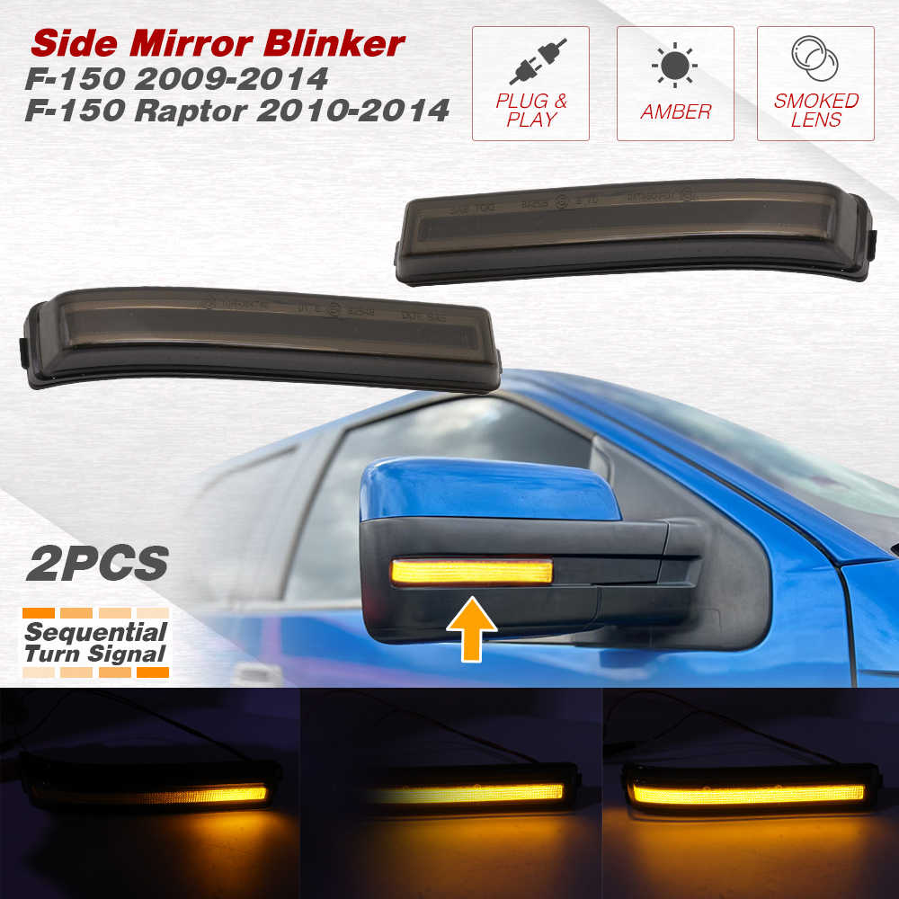 Two smoked amber side mirror blinkers for a F-150 2009-2014 and F-150 Raptor 2010-2014, shown with text callouts, a blue car side mirror demonstrating the amber light, and close-up illuminated views at the bottom.
