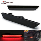 Black glossy rear bumper backup camera light strip by JCWIN AUTO, shown in three views: top-down, angled, and illuminated red on a car rear bumper.