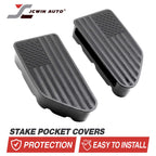 A pair of black foot pedal covers with a raised American flag design, shown on a white background with the brand name JCWIN AUTO and text reading 'STAKE POCKET COVERS' and 'PROTECTION EASY TO INSTALL'.
