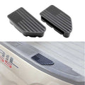 A pair of black rubber vehicle step plates featuring an American flag design, with a raised star field in the upper left and diagonal stripes, lower picture showing a black stake Pocket Cover applied to the rear side of a vehicle. 