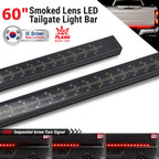 A pair of smoked lens LED tailgate light bars shown on a white background with promotional text and inset rear-view photos demonstrating the light bars in use on a truck. The product is black with a pattern of small illuminated LED segments.