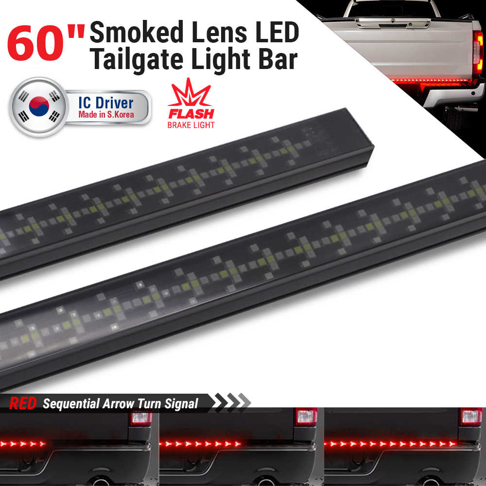 A pair of smoked lens LED tailgate light bars shown on a white background with promotional text and inset rear-view photos demonstrating the light bars in use on a truck. The product is black with a pattern of small illuminated LED segments.