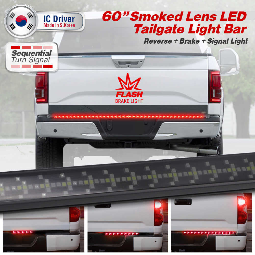 A 60-inch smoked lens LED tailgate light bar shown installed on the rear bumper of a white pickup truck, with text overlays indicating sequential turn signal and brake light functionality. The image includes a close-up of the light bar and three smaller demonstration panels at the bottom showing the light bars in use.