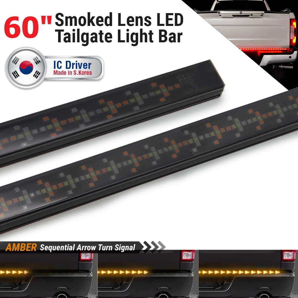Two smoked LED tailgate light bars shown on a white graphic background with product text, a small inset of a truck tailgate, and three amber sequential arrow signal examples at the bottom.