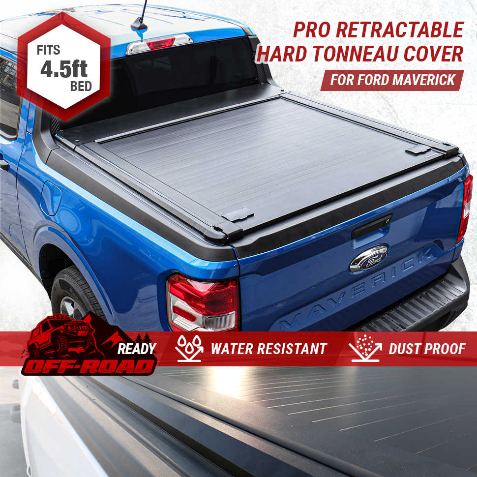 Blue Ford Maverick truck with a pro retractable hard tonneau cover on a white background