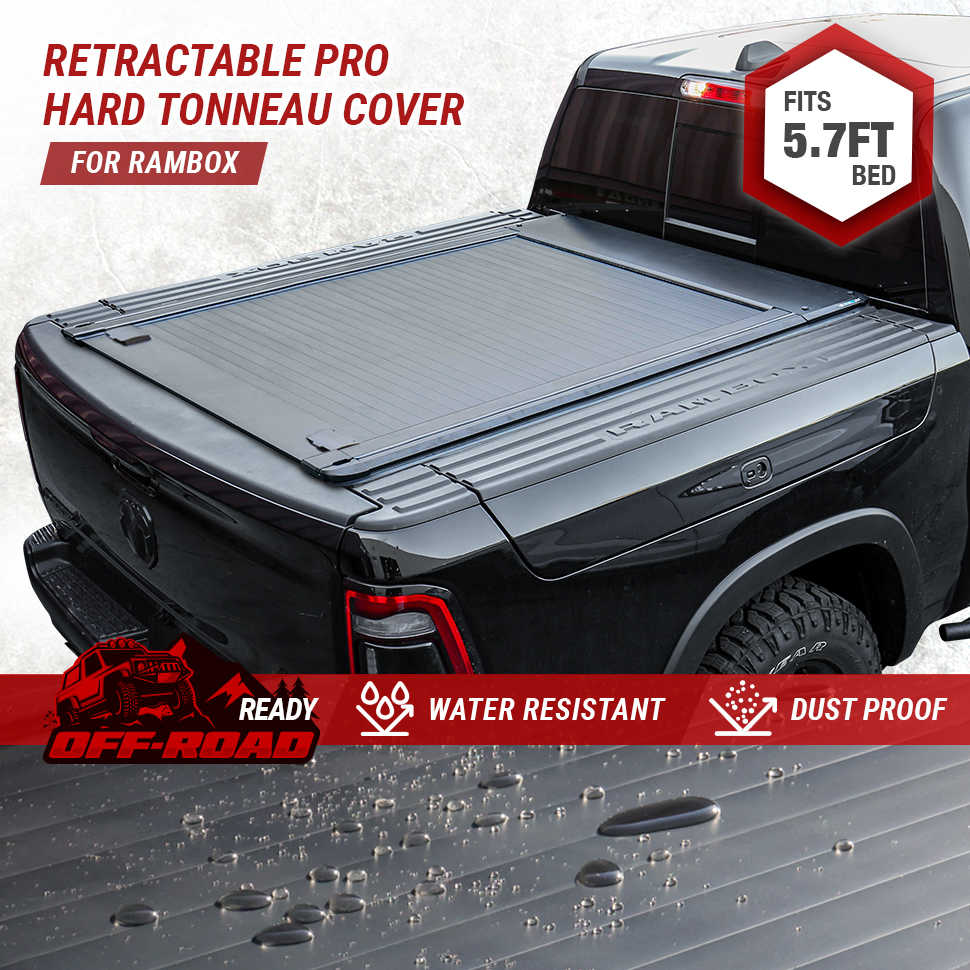 Retractable hard tonneau cover for a truck bed with features highlighted on a white background.