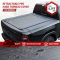 Retractable hard tonneau cover for a truck bed with features highlighted on a white background.