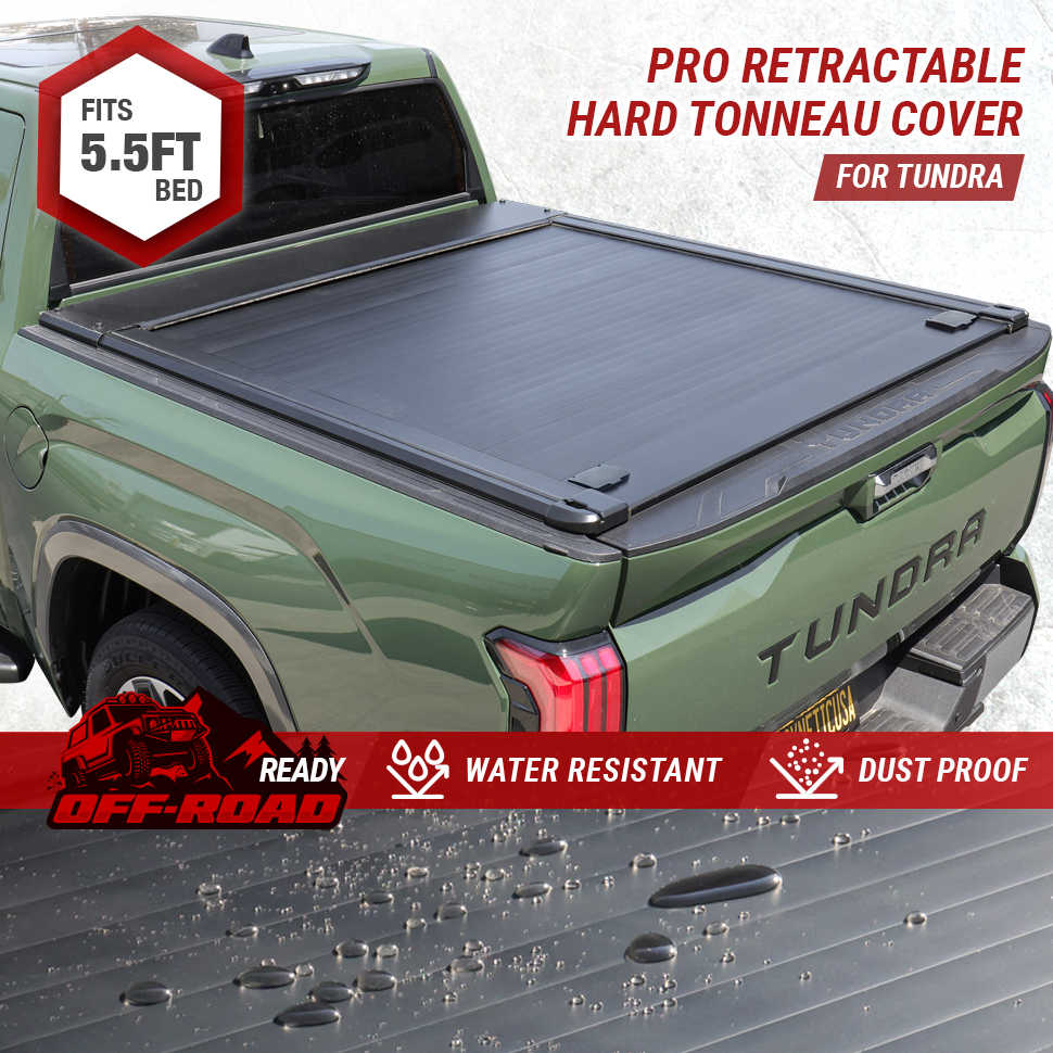 Green Toyota Tundra truck with a Pro Retractable Hard Tonno Cover on a white background