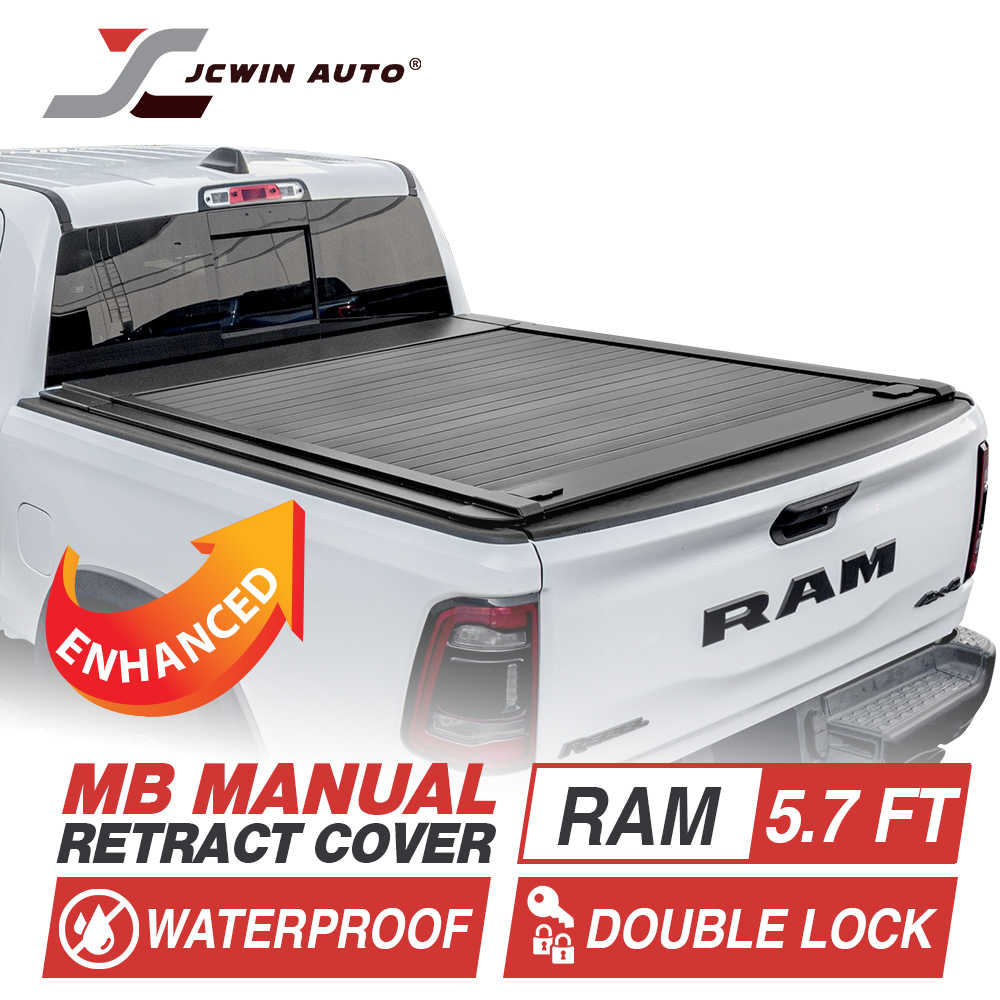 White Ram truck with a black tonneau cover featuring JCWin Auto branding and product features.