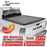 White Ram truck with a black tonneau cover featuring JCWin Auto branding and product features.