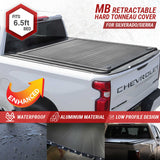 Retractable hard tonneau cover for Chevrolet Silverado/Sierra truck bed with features highlighted.