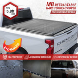 Retractable hard tonneau cover for Chevrolet Silverado/Sierra truck bed with features highlighted.
