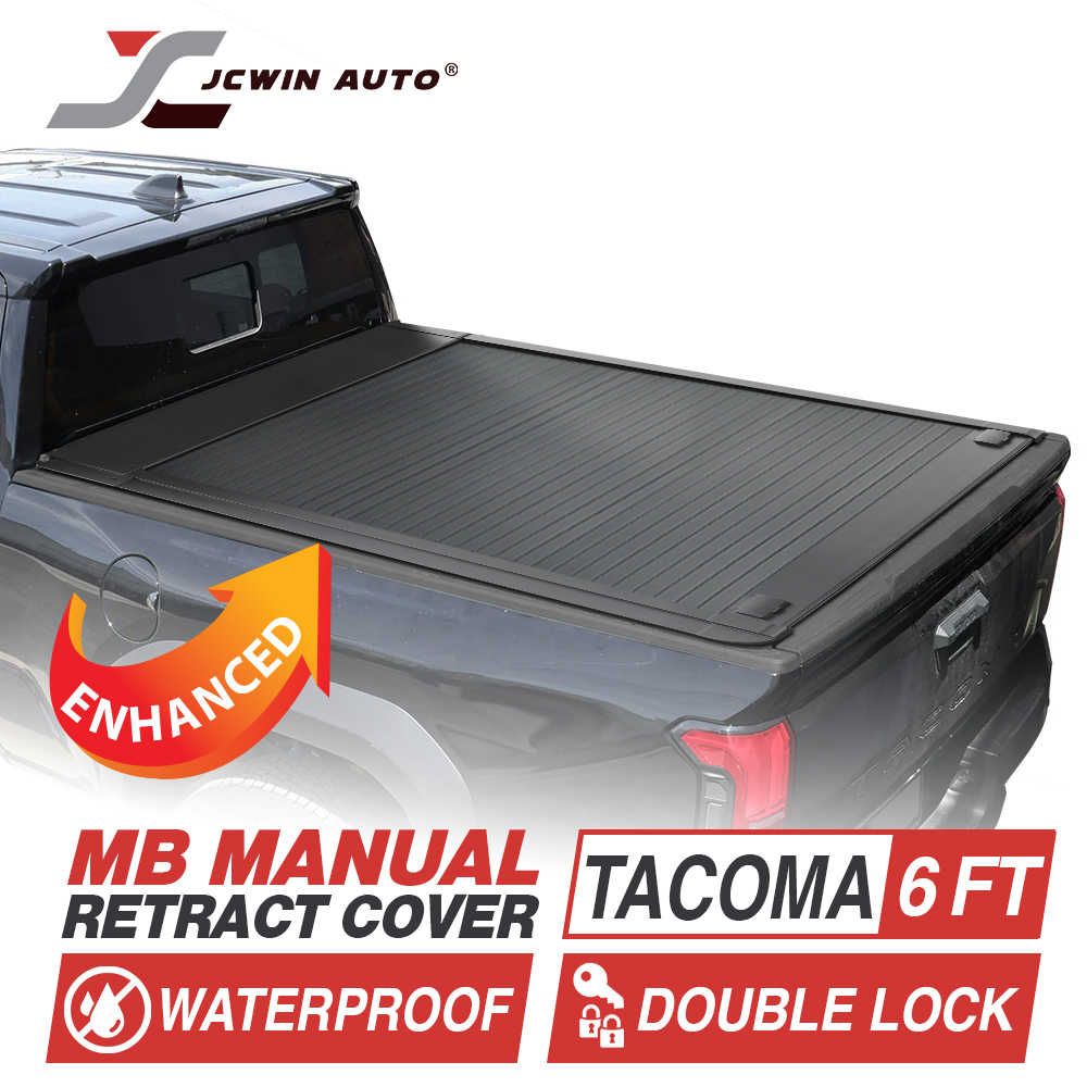 Truck bed cover with JCWin Auto branding and product features on a white background