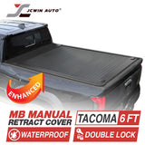 Truck bed cover with JCWin Auto branding and product features on a white background
