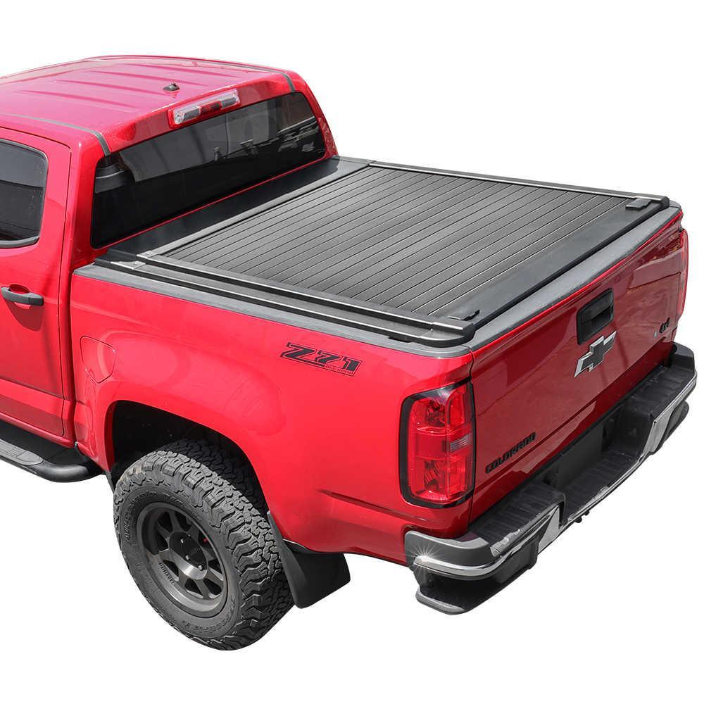 emb retractable tonneau cover installed on red Chevy Colorado 5ft bed