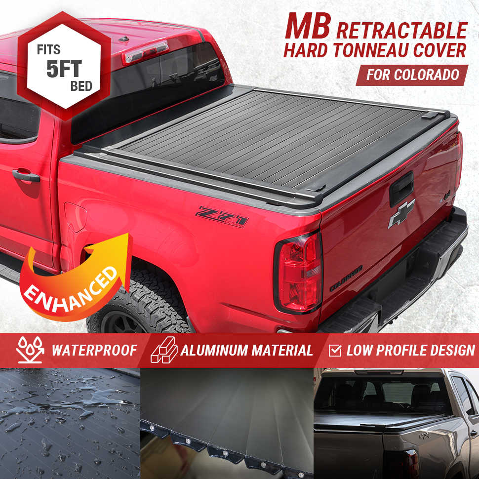 emb retractable tonneau cover installed on red Chevy Colorado 5ft bed branding JCWIN