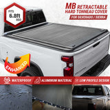 Retractable hard tonneau cover for a Chevrolet truck bed with features highlighted.