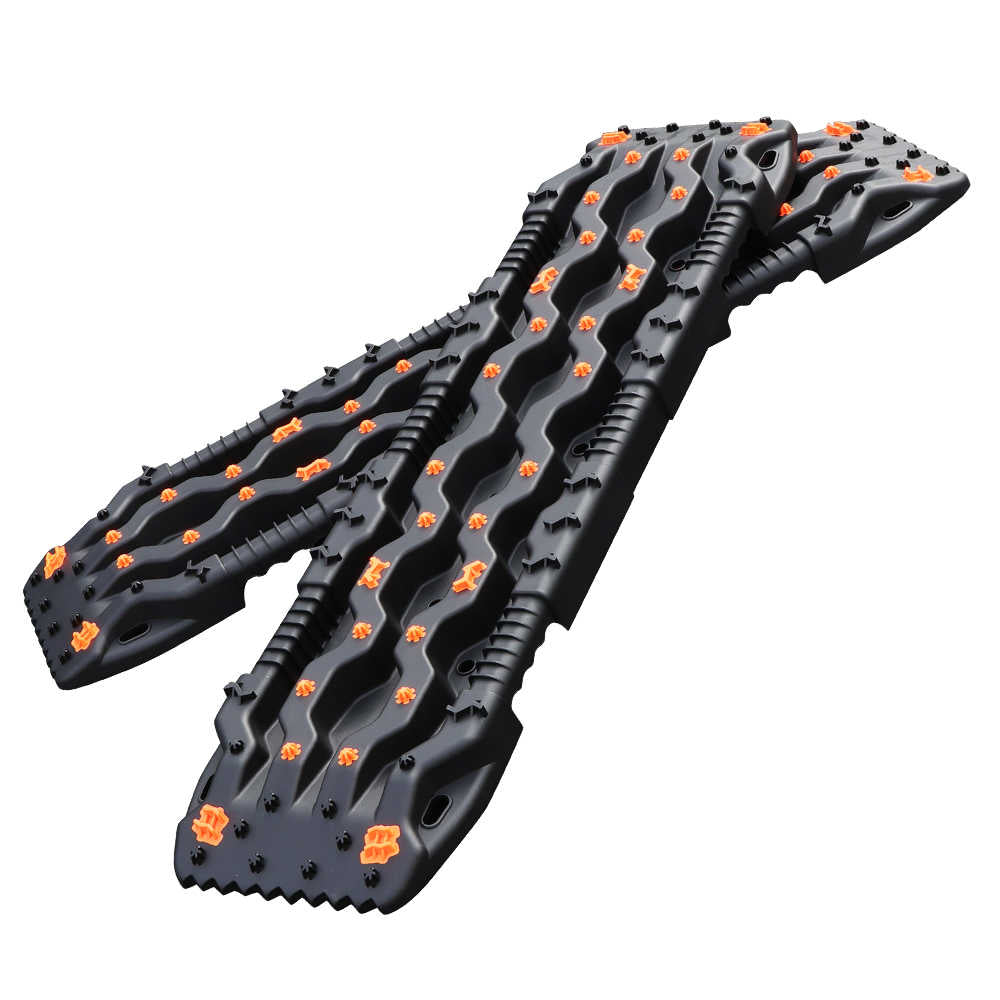Black and orange traction mats for trucks, SUVs, off-road recovery, mud, snow, sand
