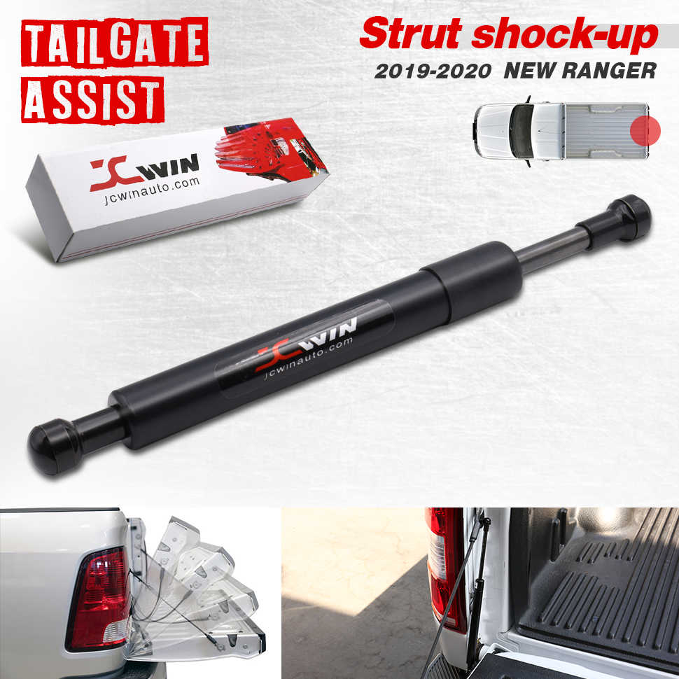 A black JCwin brand strut shock absorber for a 2019-2020 New Ranger truck tailgate assist, shown alongside its white retail box, a small vehicle diagram, and two inset photos demonstrating the tailgate assist feature on a truck.