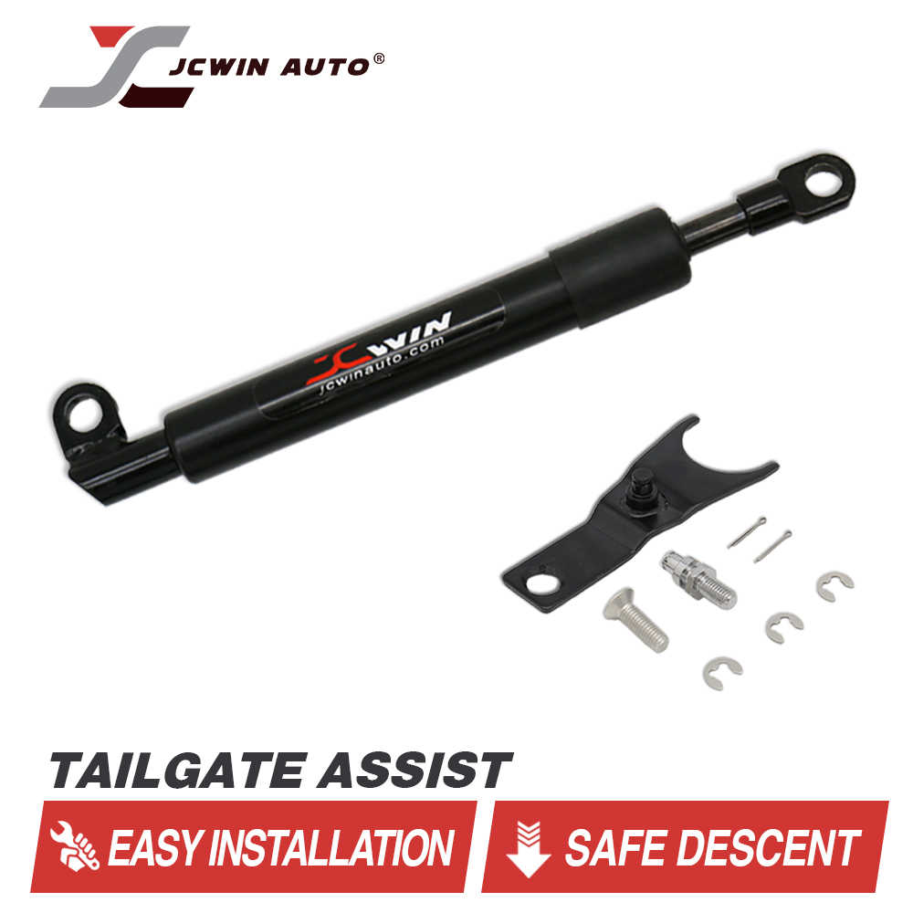 JCwin Auto tailgate assist cylinder with mounting hardware, shown on a white background with the JCwin Auto logo and 'TAILGATE ASSIST' text.