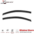 Two black glossy window visors for a 2012-2015 Honda Civic 2D Coupe, shown on a white background with the JCWIN AUTO brand logo and feature icons.