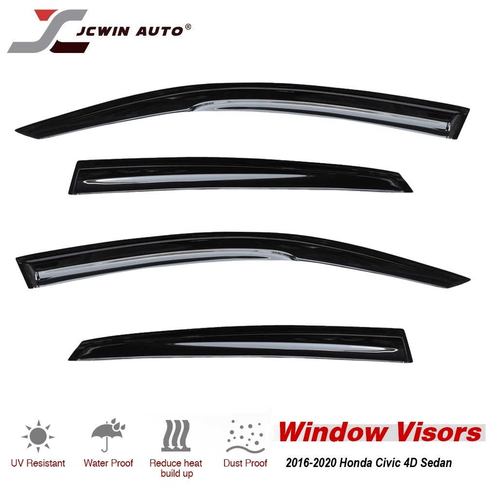 Four black car window visor trim pieces for a 2016-2020 Honda Civic 4D Sedan, shown on a white background with the JCWIN AUTO brand logo and feature icons.